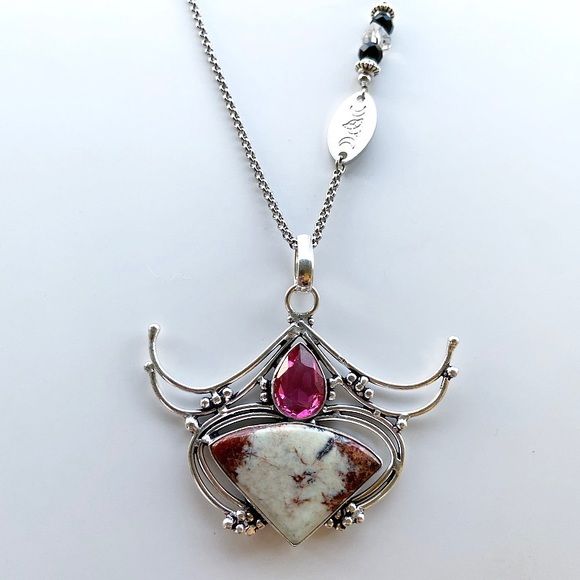 925 Sterling silver pink topaz & jasper necklace - Picture 2 of 8